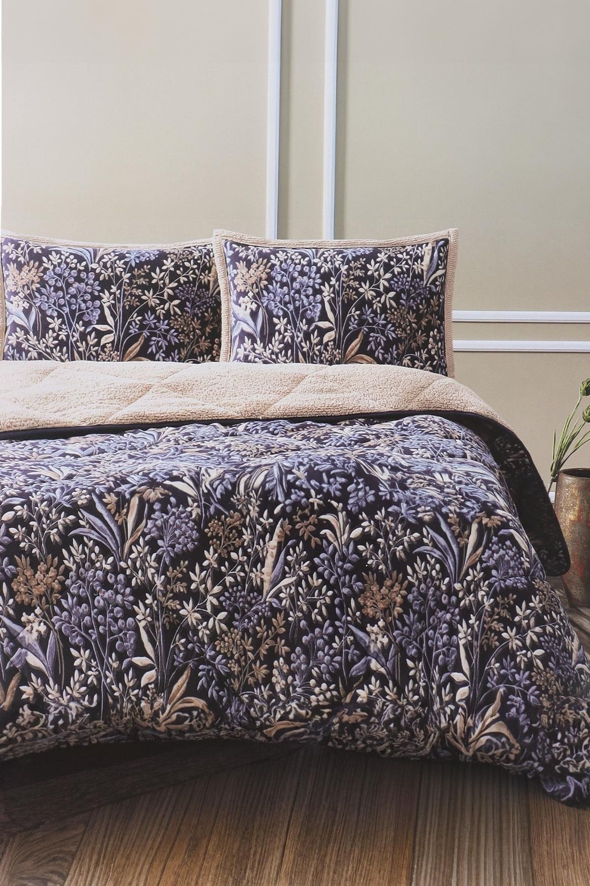 Comforter Çift Kişilik Yorgan Seti Lacivert Çiçekli 220x240