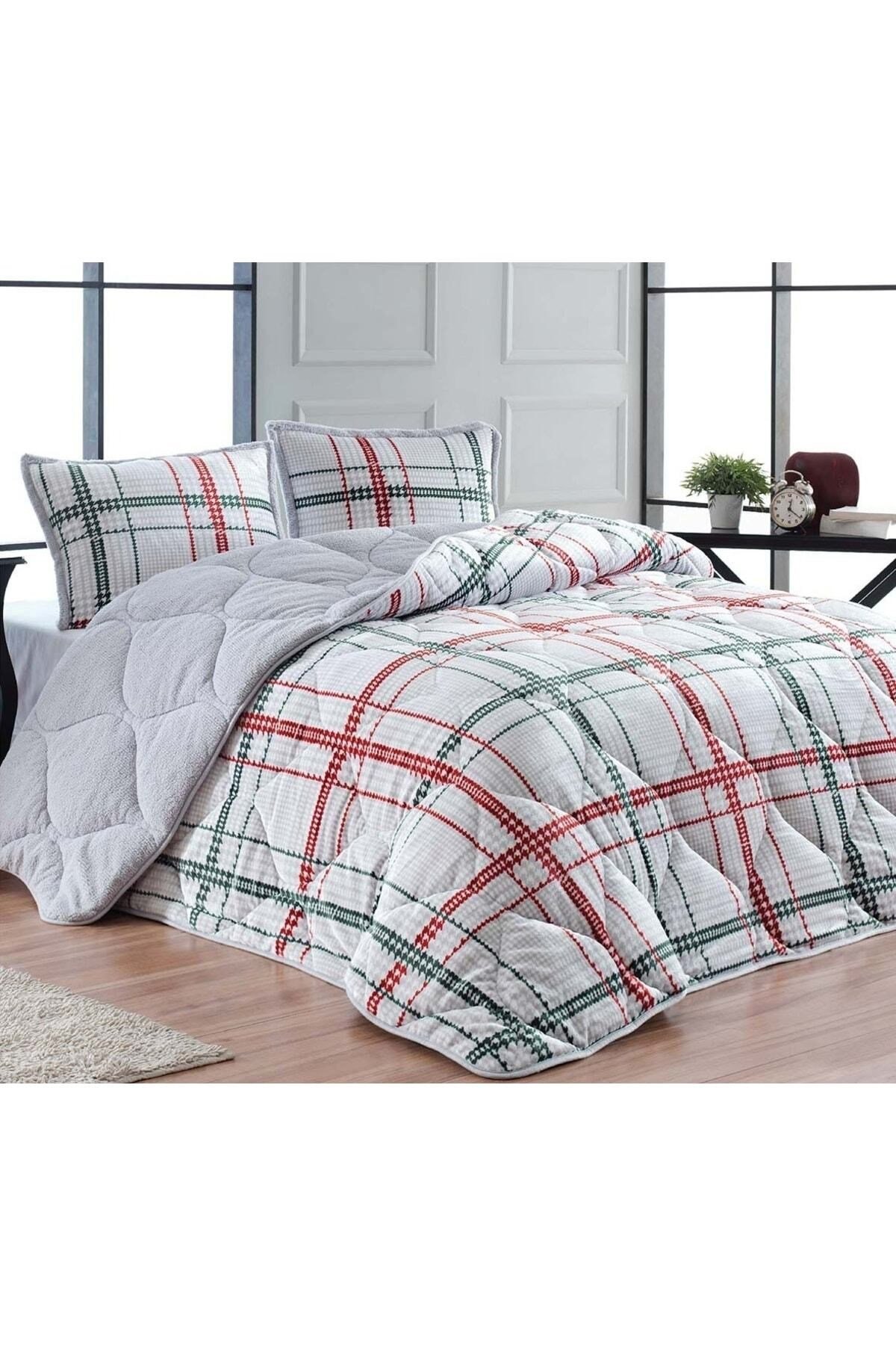 Comforter Elba Gri Kırmızı Çift Kişilik Yorgan Seti Ekoseuykusetı