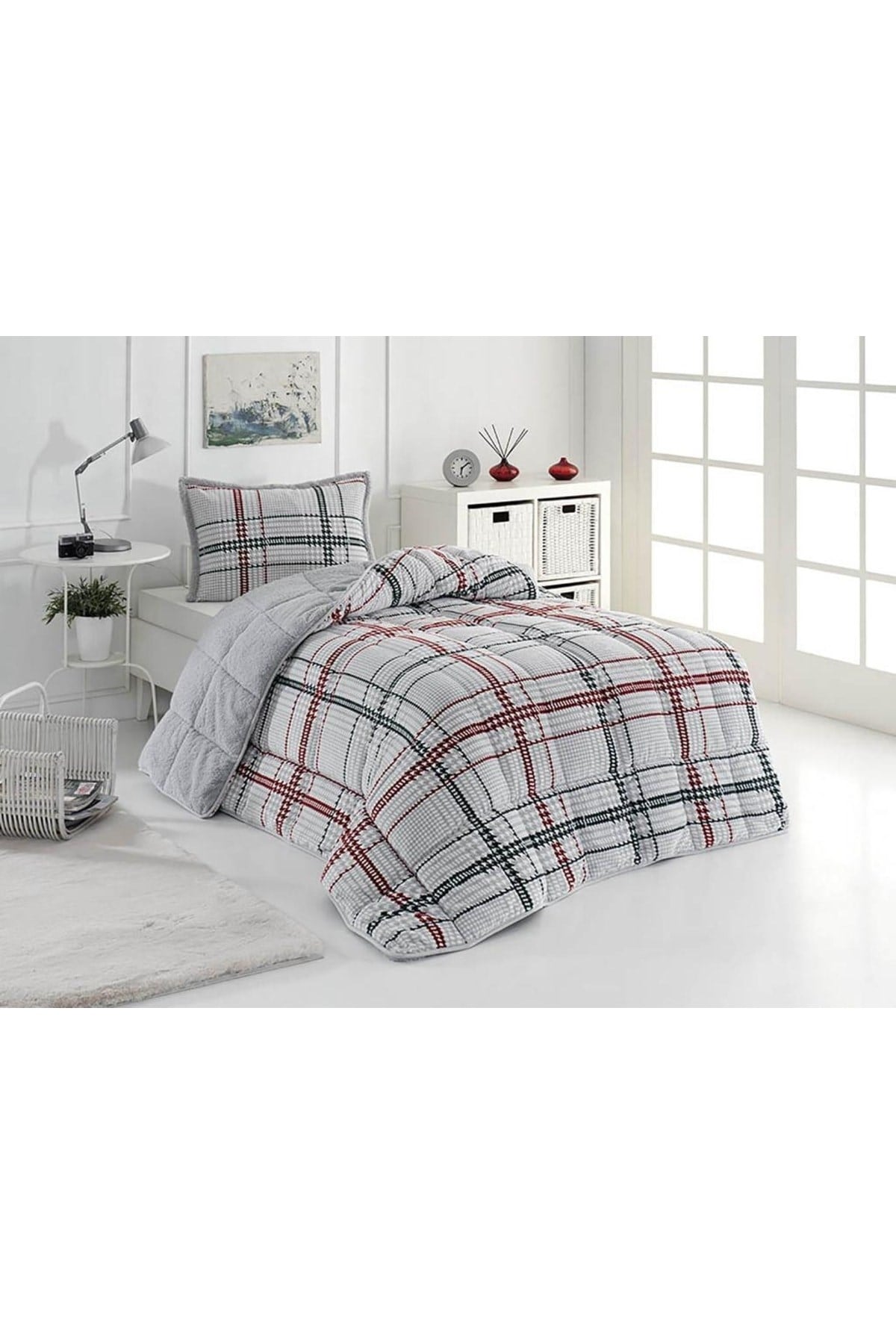 Comforter Tek Kişilik Beyaz Ekoseli Yorgan Seti