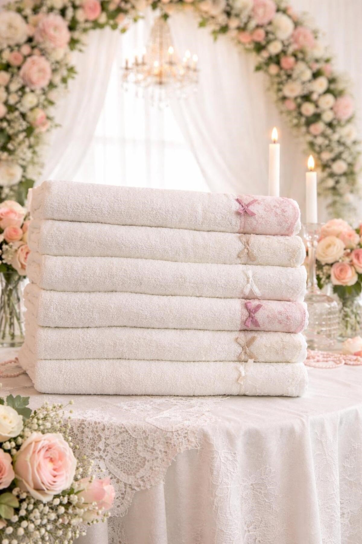 Dantelli Bukle Düğüncü Havlu Seti | 12 Adet | 40x75 cm | 1200 gr | Yumuşak Dokulu | Hediyelik & Dağıtmalık
