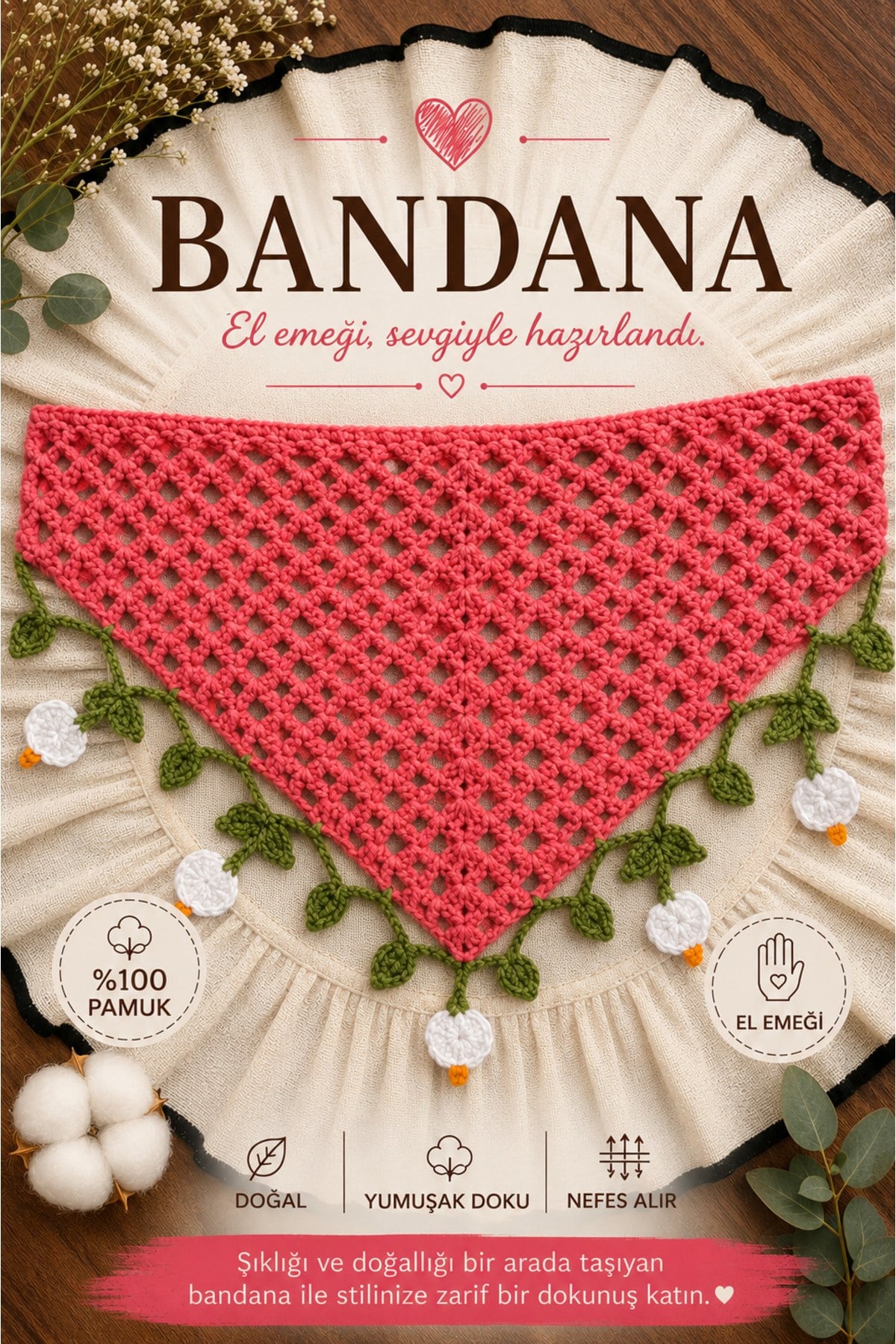 El Yapımı Örgü Bandana | %100 Pamuk | Çok Amaçlı Bel Şalı | Yazlık & Hediyelik