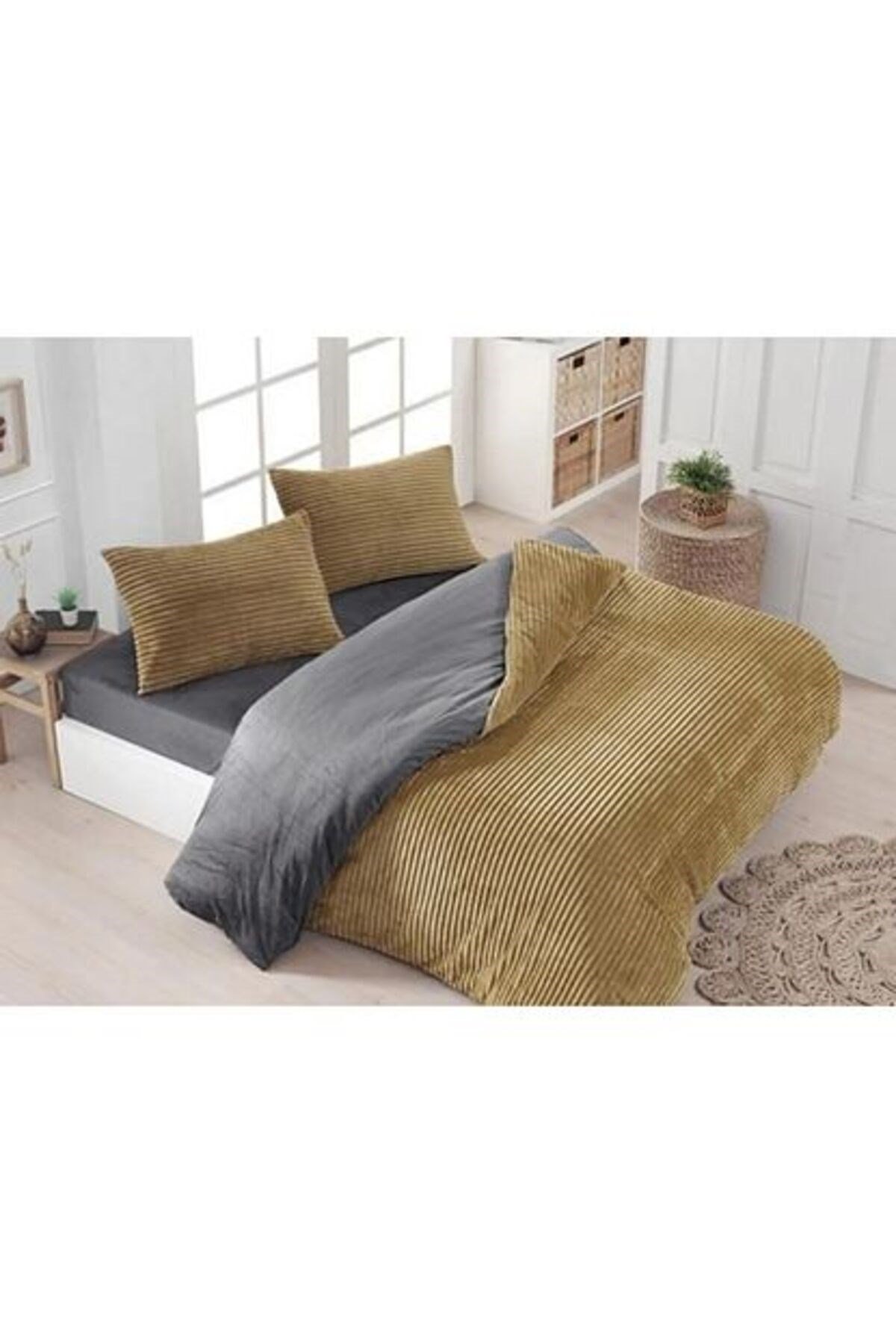 Eternity Fitilli Peluş Çift Kişilik Nevresim Takımı-hardal