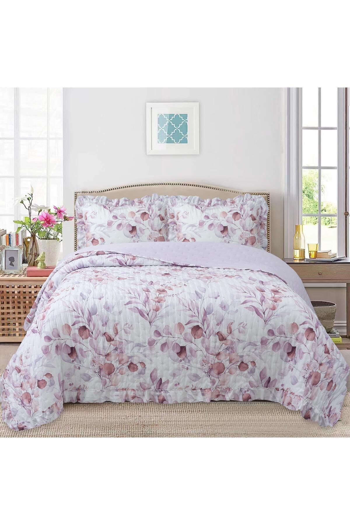 Fırfırlı Desenli Çift Kişilik Yatak Örtüsü Seti - 240x260 cm - Pvc Çantalı - Günlük ve Çeyizlik