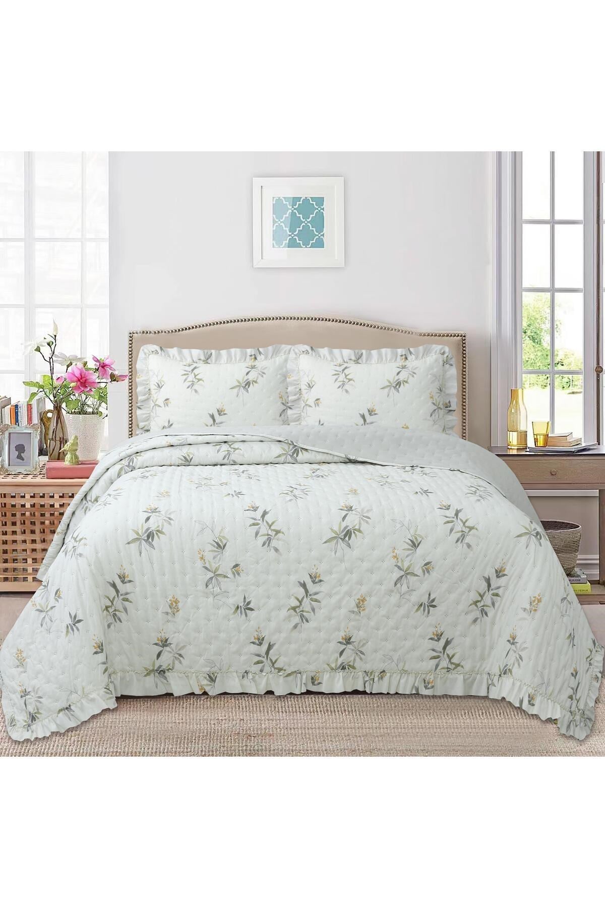 Fırfırlı Desenli Çift Kişilik Yatak Örtüsü Seti - 240x260 cm - Pvc Çantalı - Günlük ve Çeyizlik