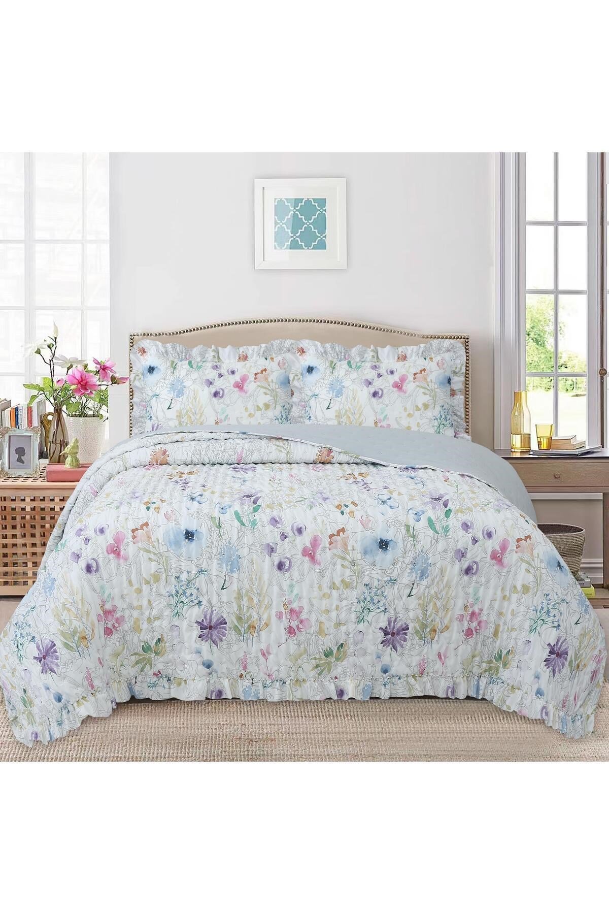 Fırfırlı Desenli Çift Kişilik Yatak Örtüsü Seti - 240x260 cm - Pvc Çantalı - Günlük ve Çeyizlik