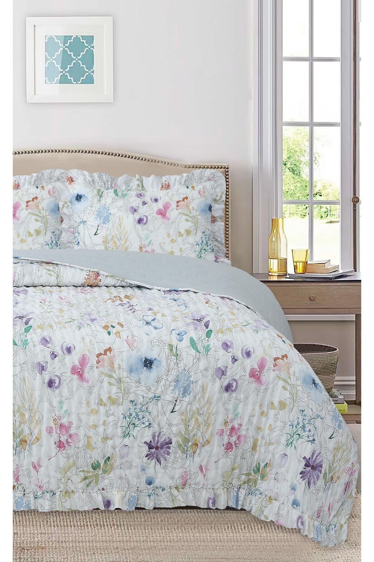 Fırfırlı Desenli Çift Kişilik Yatak Örtüsü Seti - 240x260 cm - Pvc Çantalı - Günlük ve Çeyizlik