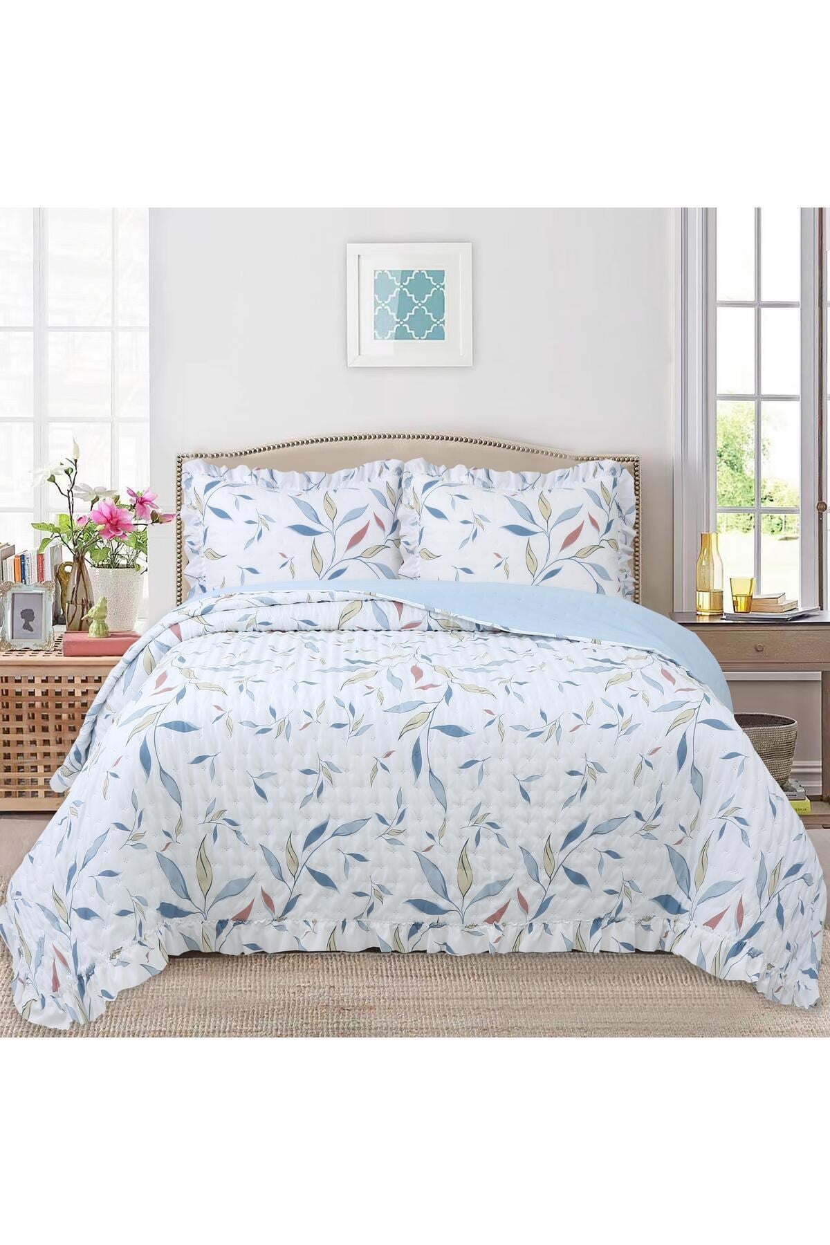 Fırfırlı Desenli Çift Kişilik Yatak Örtüsü Seti - 240x260 cm - Pvc Çantalı - Günlük ve Çeyizlik