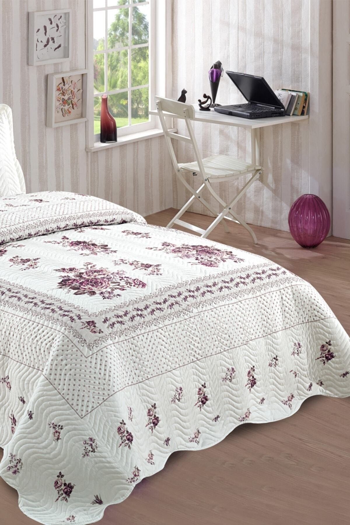 Flower Lila Tek Kişilik Kapitone Yatak Örtüsü