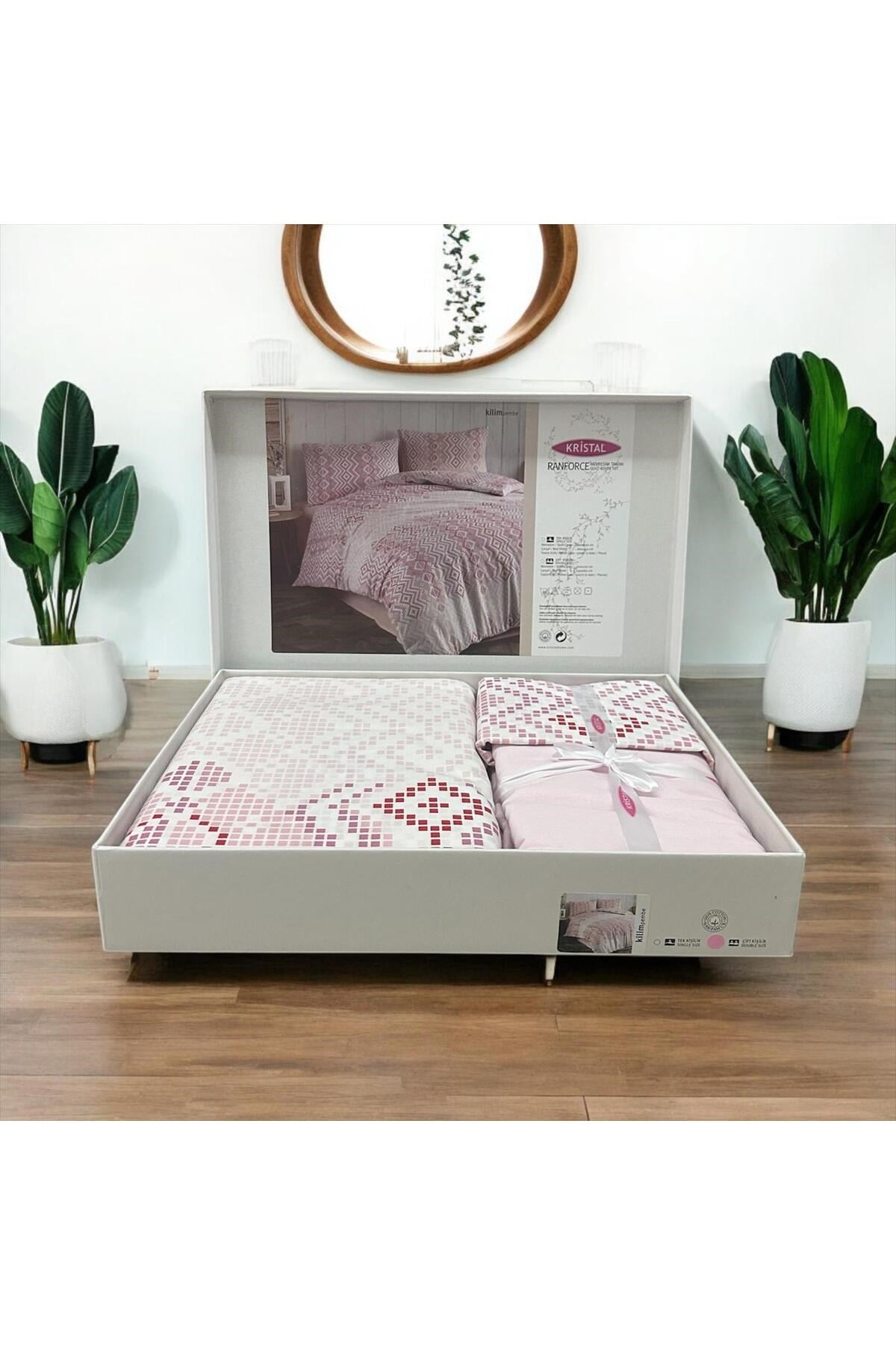 Kristal Ranforce %100 Pamuk Çift Kişilik Nevresim Takımı Kilim Pembe