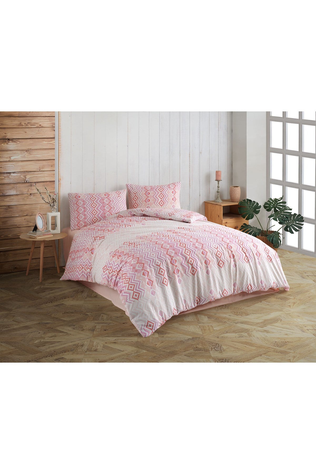 Kristal Ranforce %100 Pamuk Çift Kişilik Nevresim Takımı Kilim Pembe