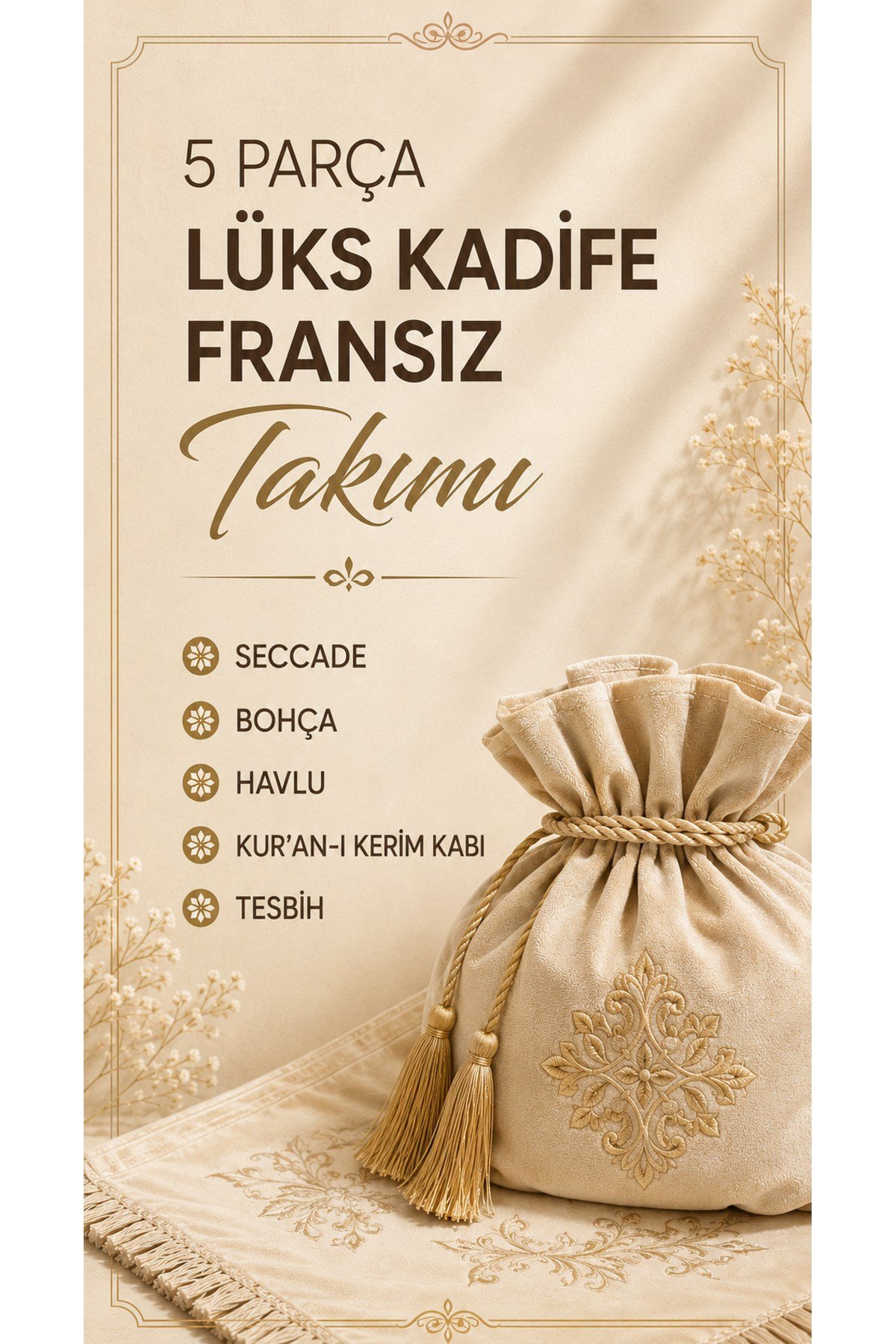 Lüks Kadife 5 Parça Seccade Takımı | Çeyizlik, Bohçalık, Nişan ve Hediyelik İbadet Seti