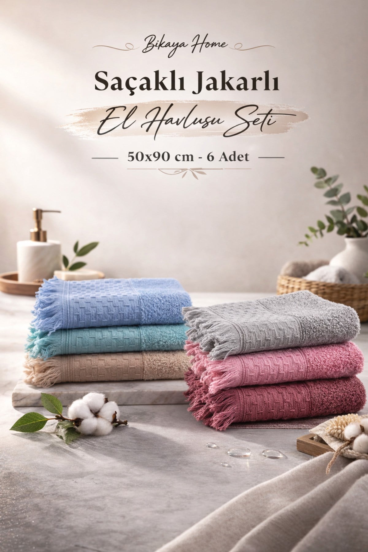Lüks Saçaklı Jakarlı El Havlusu Seti | 6 Adet | 50x90 cm | %100 Pamuk | Günlük & Çeyizlik