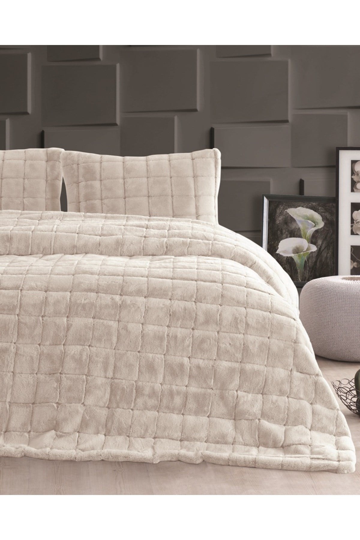 Luxe 3 Parça Çift Kişilik Yatak Örtüsü Seti Kutulu 230x250 Kareli Bej