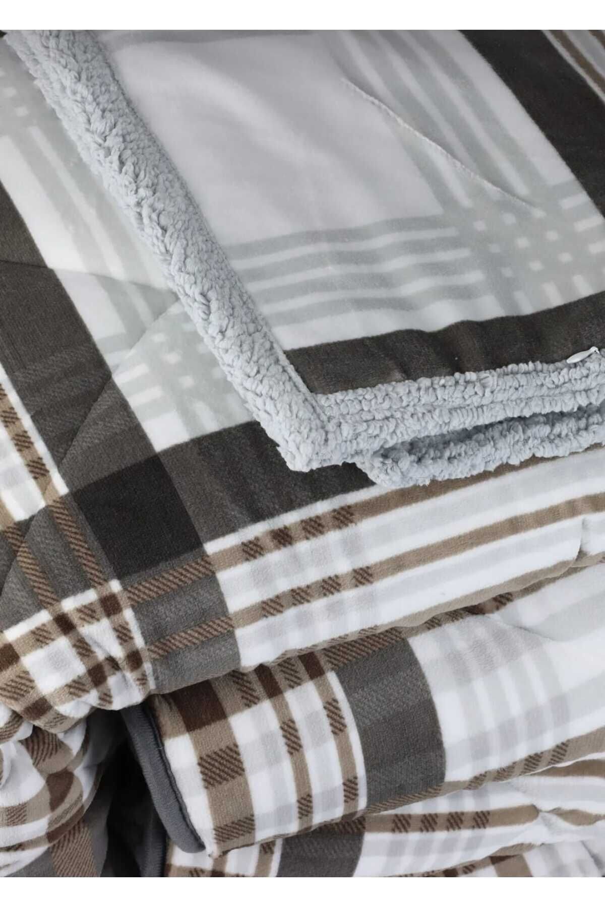 Merinos Comforter Çift Kişilik Yorgan Set Wara Gri Koyu Kahve