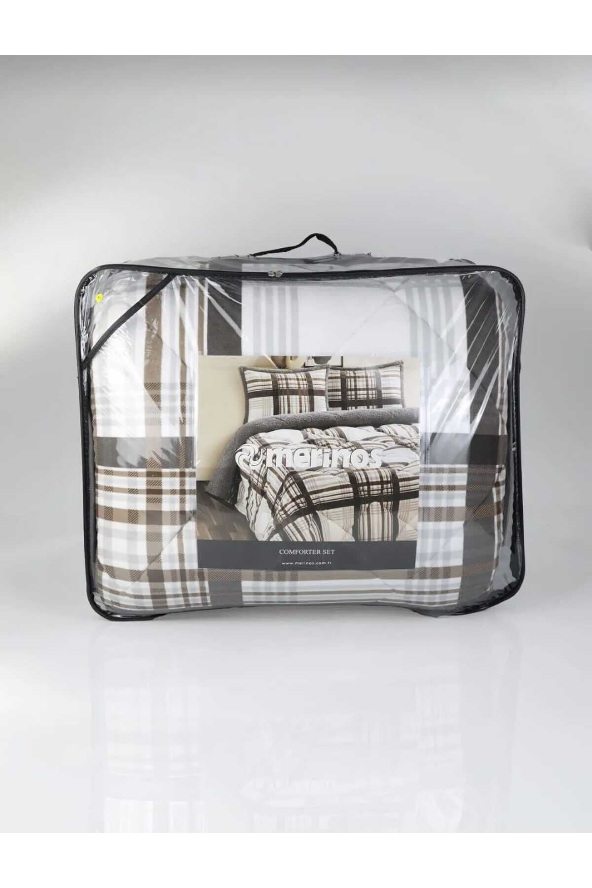 Merinos Comforter Çift Kişilik Yorgan Set Wara Gri Koyu Kahve