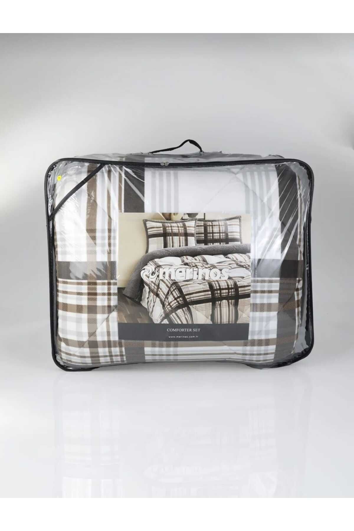 Merinos Comforter Çift Kişilik Yorgan Set Wara Gri Koyu Kahve