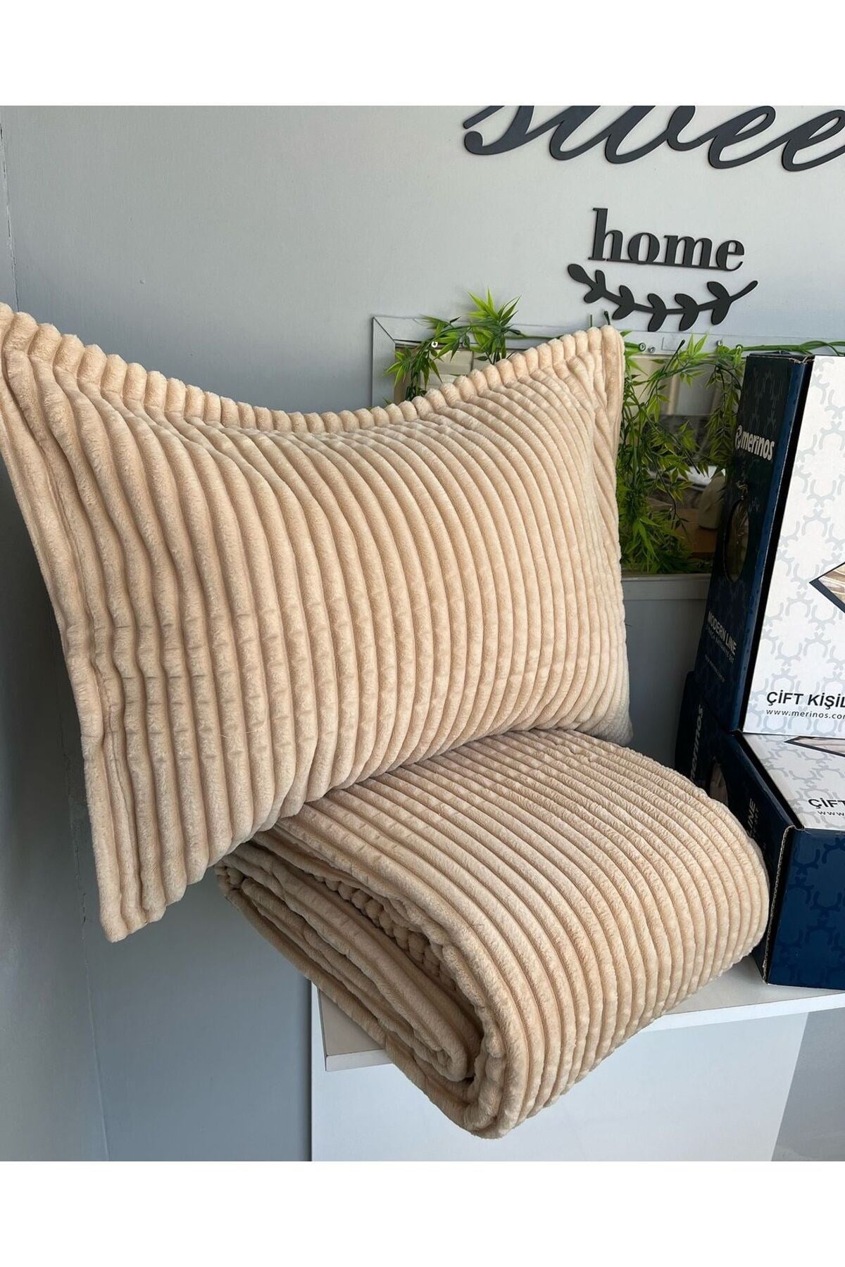 Merinos Modern Line 3 Parça Battaniye Seti Bej