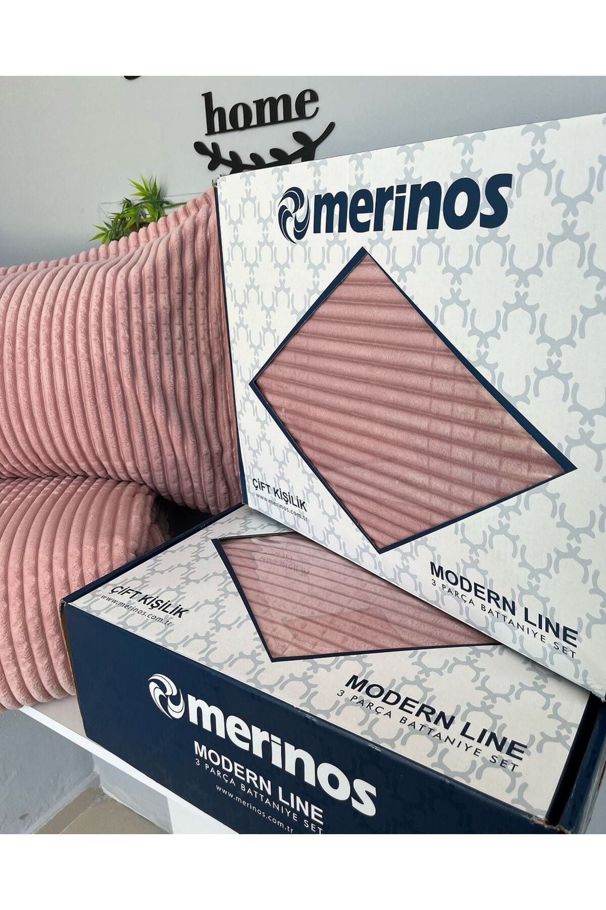 Merinos Modern Line 3 Parça Battaniye Seti Pudra