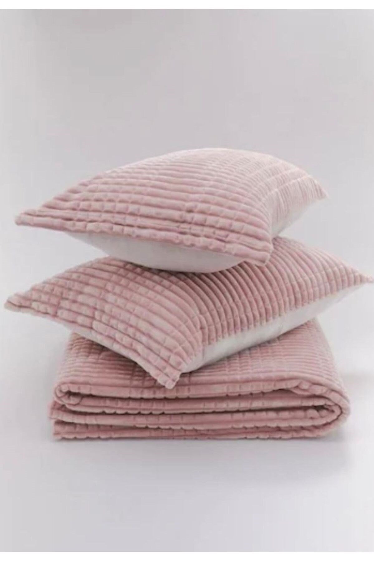 Merinos Modern Line Çift Kişilik 3 Parça Battaniye Seti Pudra