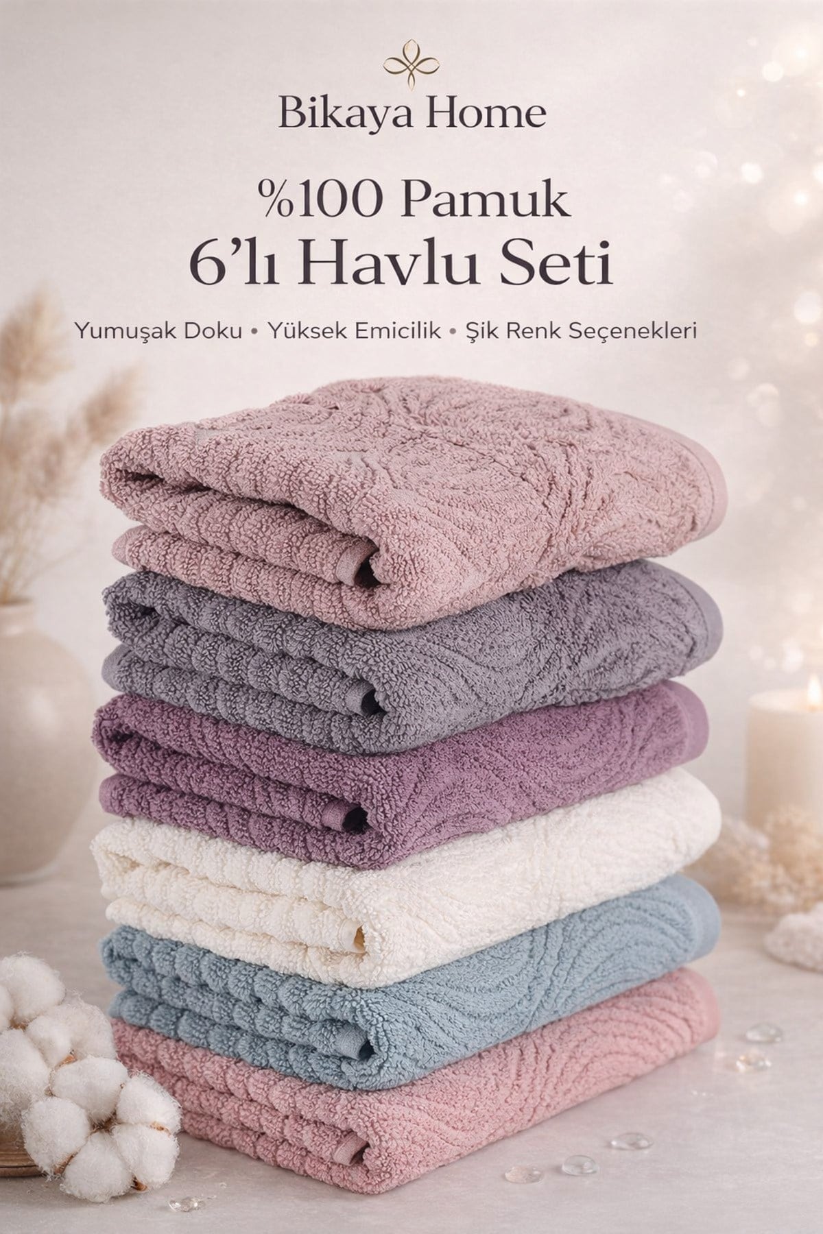 Midye Desenli 6’lı El Havlusu Seti | 50x90 cm | %100 Pamuk | Ekstra Yumuşak | Yüksek Su Emicilik