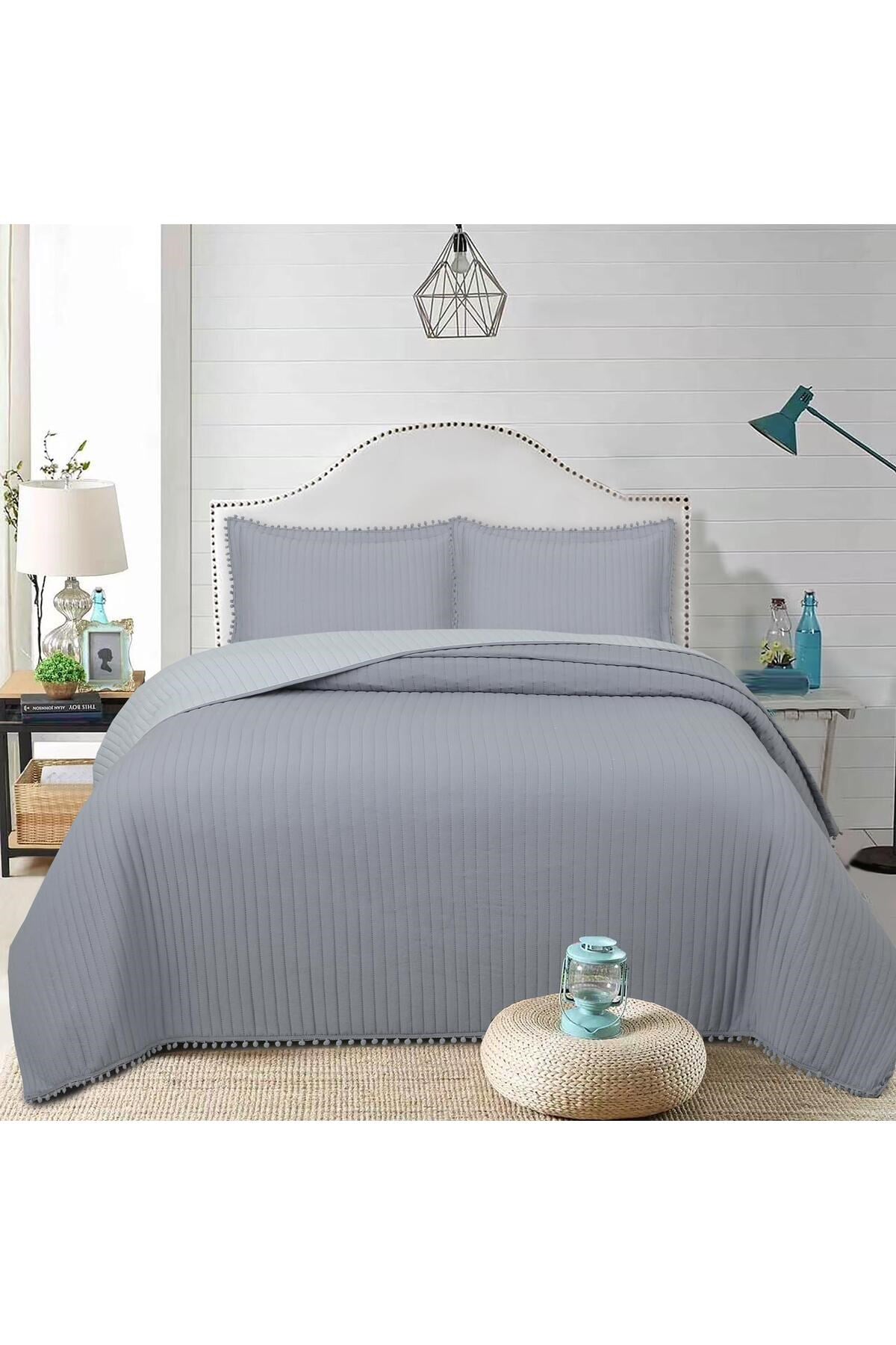 Ponponlu Çift Kişilik 3 Parça Yatak Örtüsü Seti -260x240 cm - Pvc Çantalı - Günlük ve Çeyizlik