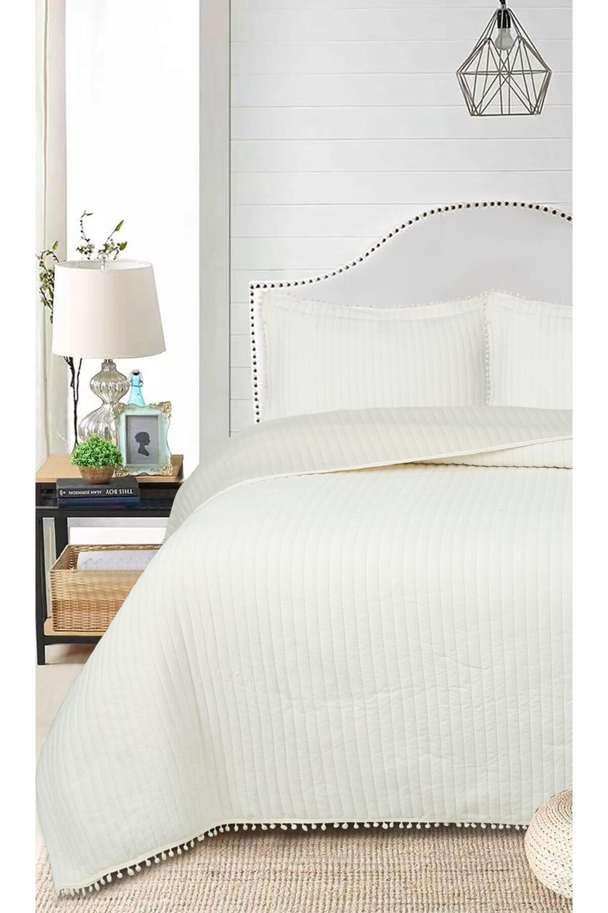 Ponponlu Çift Kişilik 3 Parça Yatak Örtüsü Seti -260x240 cm - Pvc Çantalı - Günlük ve Çeyizlik