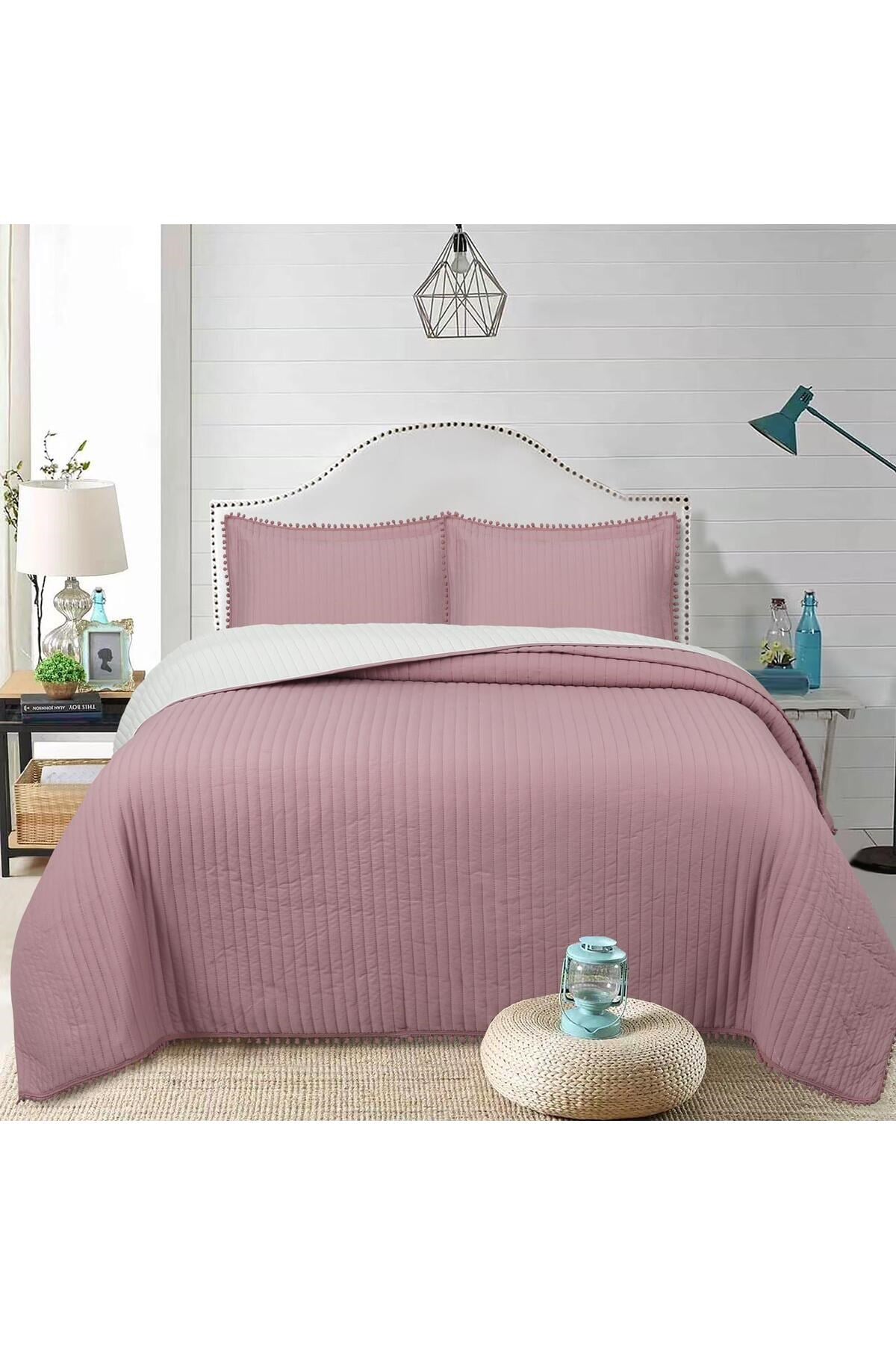 Ponponlu Çift Kişilik 3 Parça Yatak Örtüsü Seti -260x240 cm - Pvc Çantalı - Günlük ve Çeyizlik