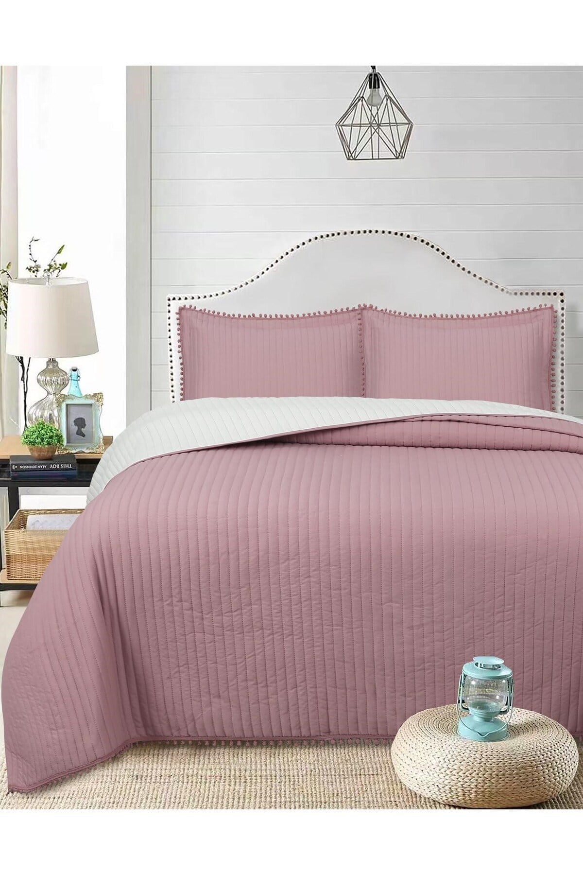Ponponlu Çift Kişilik 3 Parça Yatak Örtüsü Seti -260x240 cm - Pvc Çantalı - Günlük ve Çeyizlik