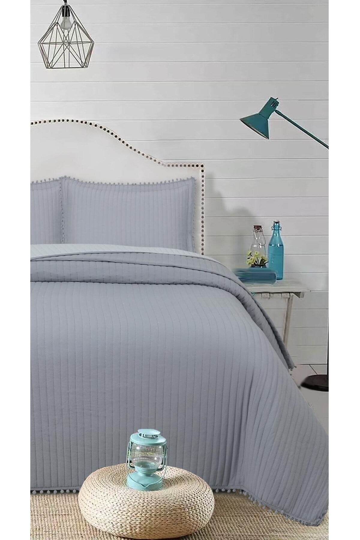 Ponponlu Çift Kişilik 3 Parça Yatak Örtüsü Seti -260x240 cm - Pvc Çantalı - Günlük ve Çeyizlik