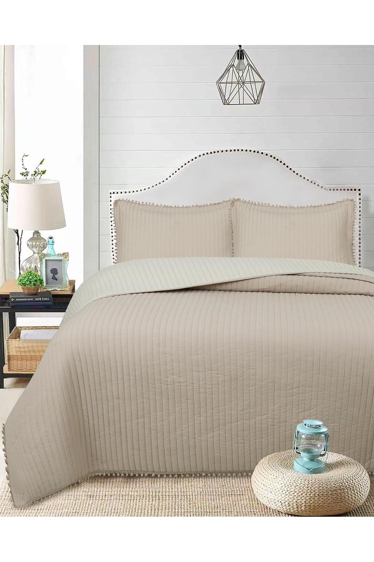 Ponponlu Çift Kişilik 3 Parça Yatak Örtüsü Seti -260x240 cm - Pvc Çantalı - Günlük ve Çeyizlik