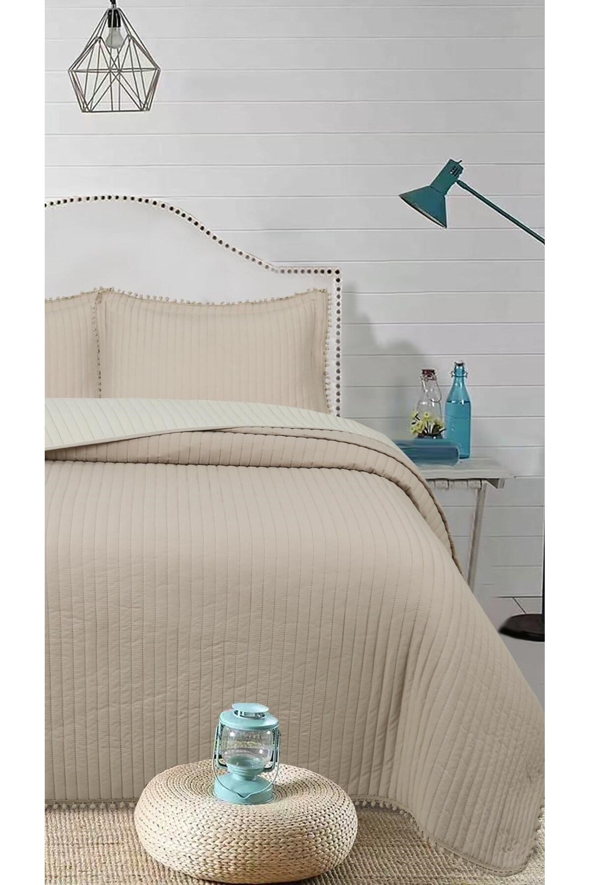 Ponponlu Çift Kişilik 3 Parça Yatak Örtüsü Seti -260x240 cm - Pvc Çantalı - Günlük ve Çeyizlik