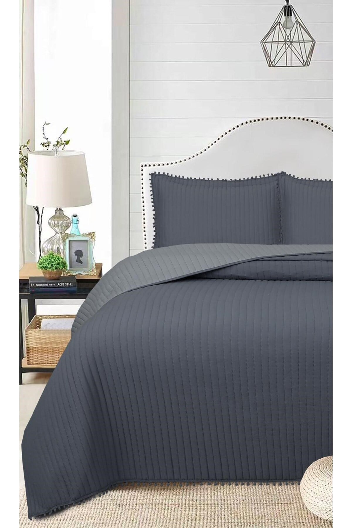 Ponponlu Çift Kişilik 3 Parça Yatak Örtüsü Seti -260x240 cm - Pvc Çantalı - Günlük ve Çeyizlik