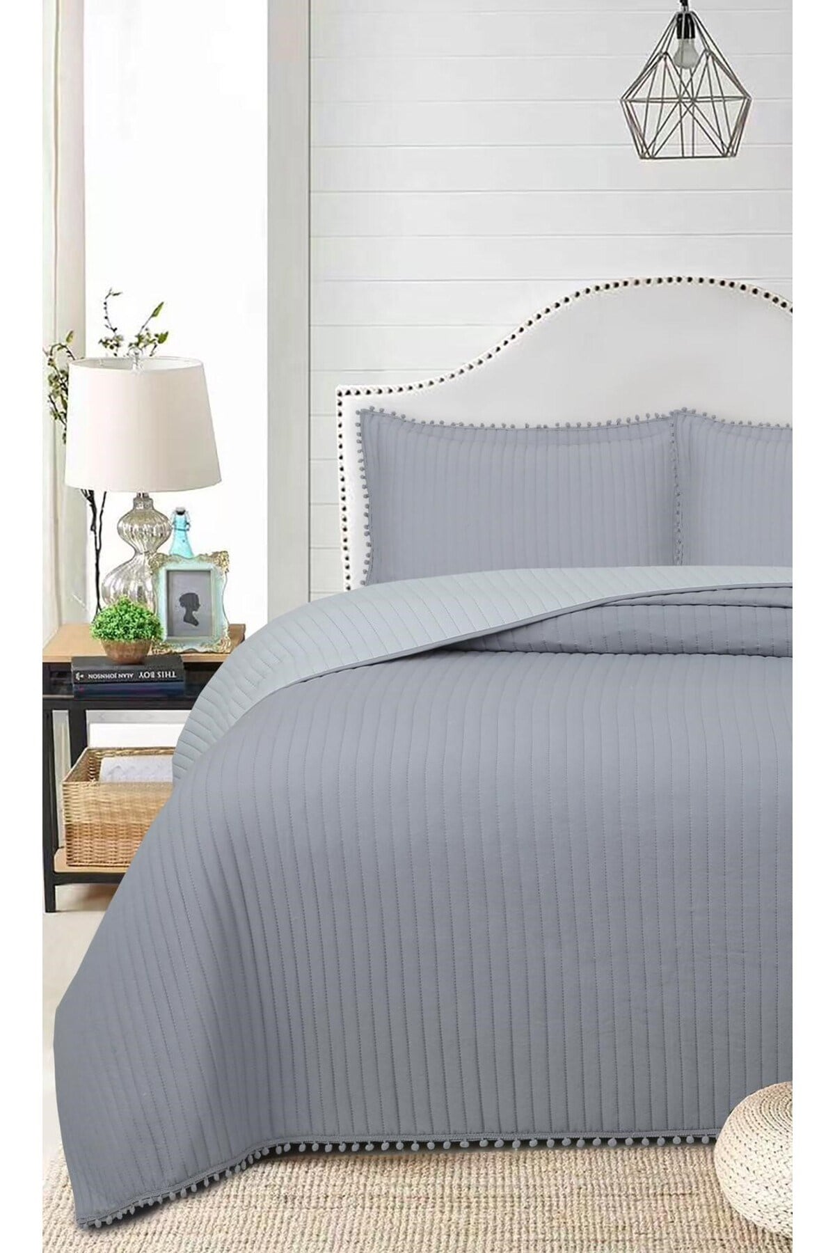 Ponponlu Çift Kişilik 3 Parça Yatak Örtüsü Seti -260x240 cm - Pvc Çantalı - Günlük ve Çeyizlik