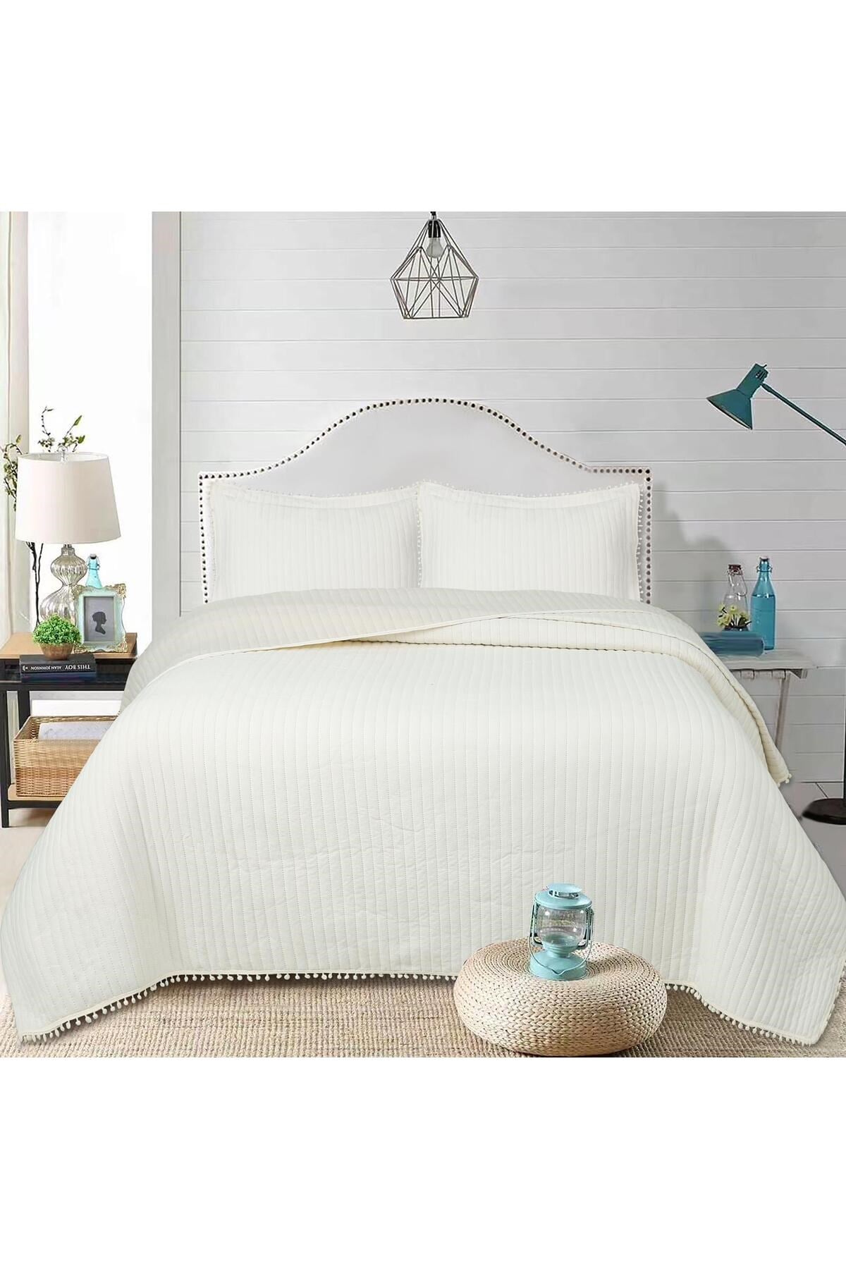 Ponponlu Çift Kişilik 3 Parça Yatak Örtüsü Seti -260x240 cm - Pvc Çantalı - Günlük ve Çeyizlik
