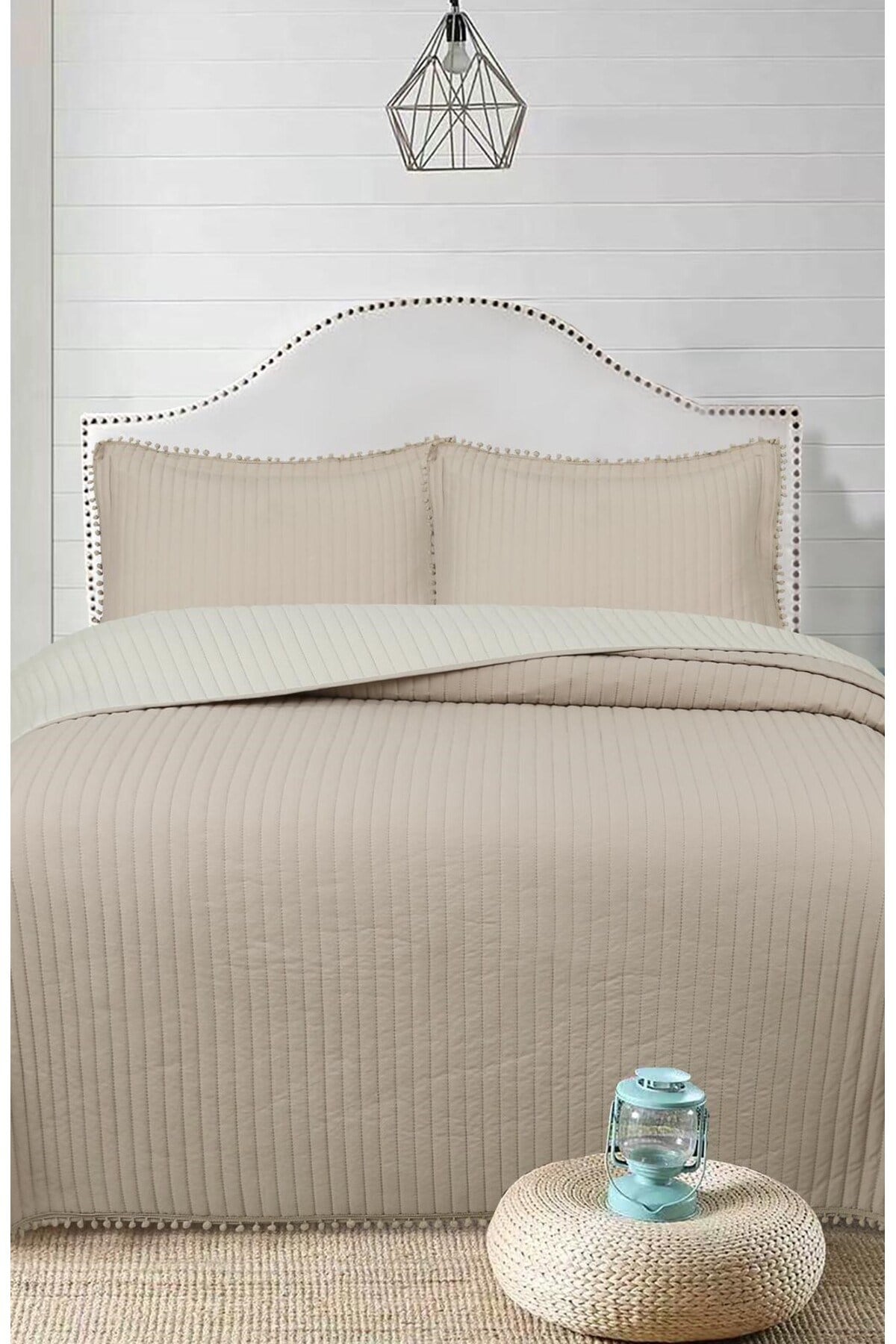 Ponponlu Çift Kişilik 3 Parça Yatak Örtüsü Seti -260x240 cm - Pvc Çantalı - Günlük ve Çeyizlik