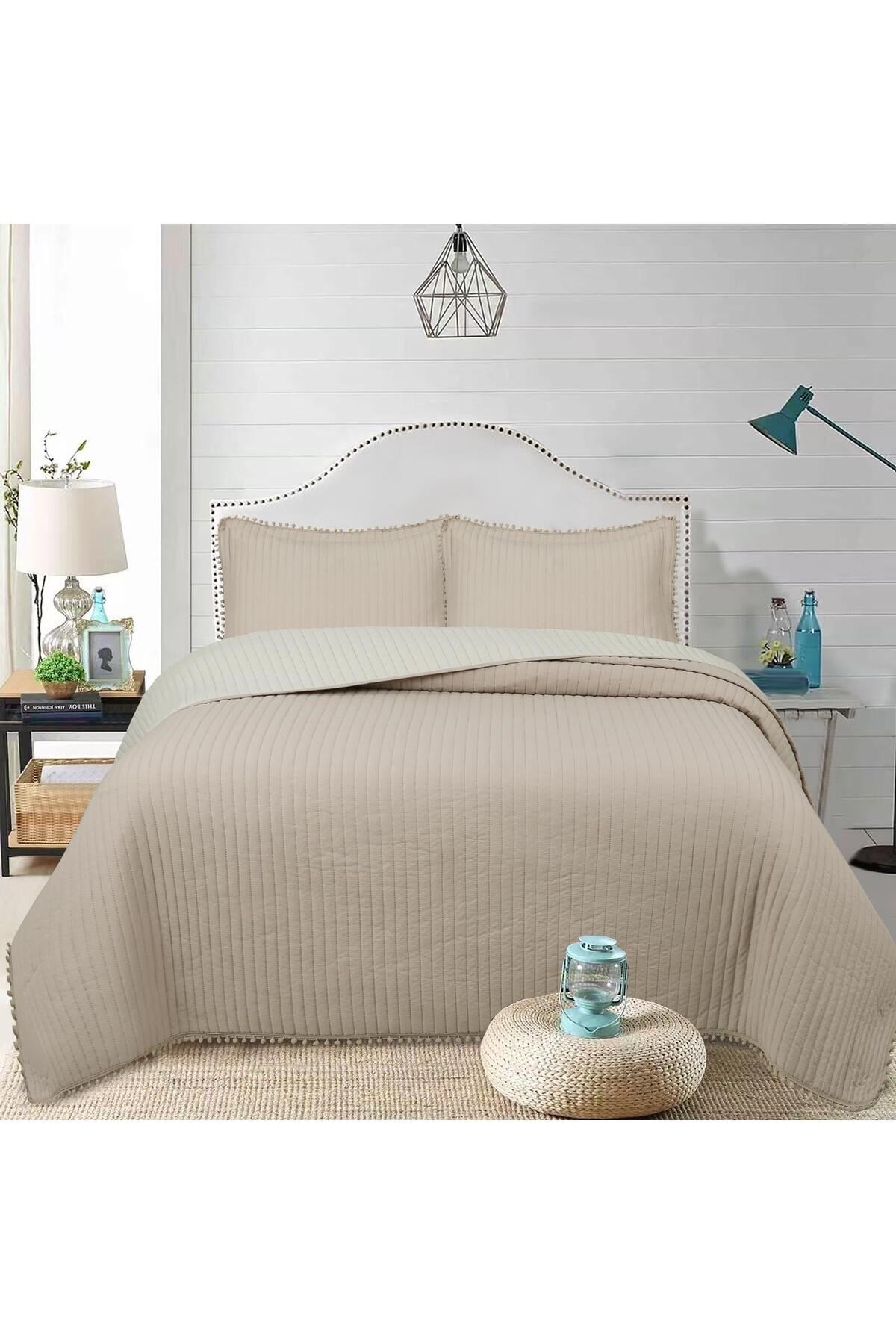 Ponponlu Çift Kişilik 3 Parça Yatak Örtüsü Seti -260x240 cm - Pvc Çantalı - Günlük ve Çeyizlik