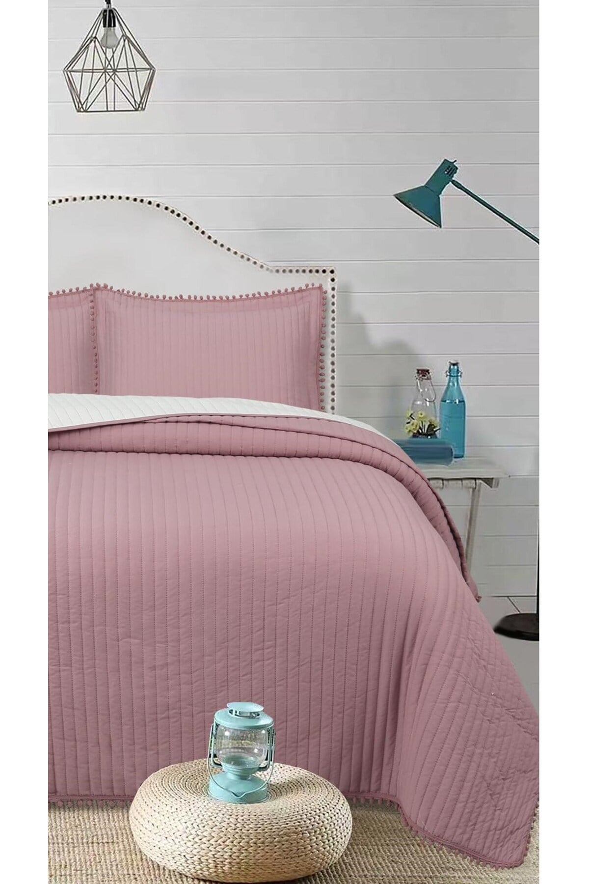 Ponponlu Çift Kişilik 3 Parça Yatak Örtüsü Seti -260x240 cm - Pvc Çantalı - Günlük ve Çeyizlik