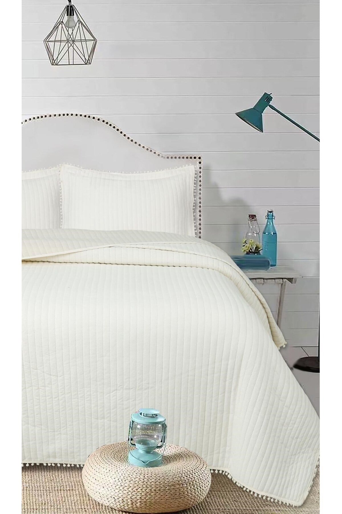 Ponponlu Çift Kişilik 3 Parça Yatak Örtüsü Seti -260x240 cm - Pvc Çantalı - Günlük ve Çeyizlik