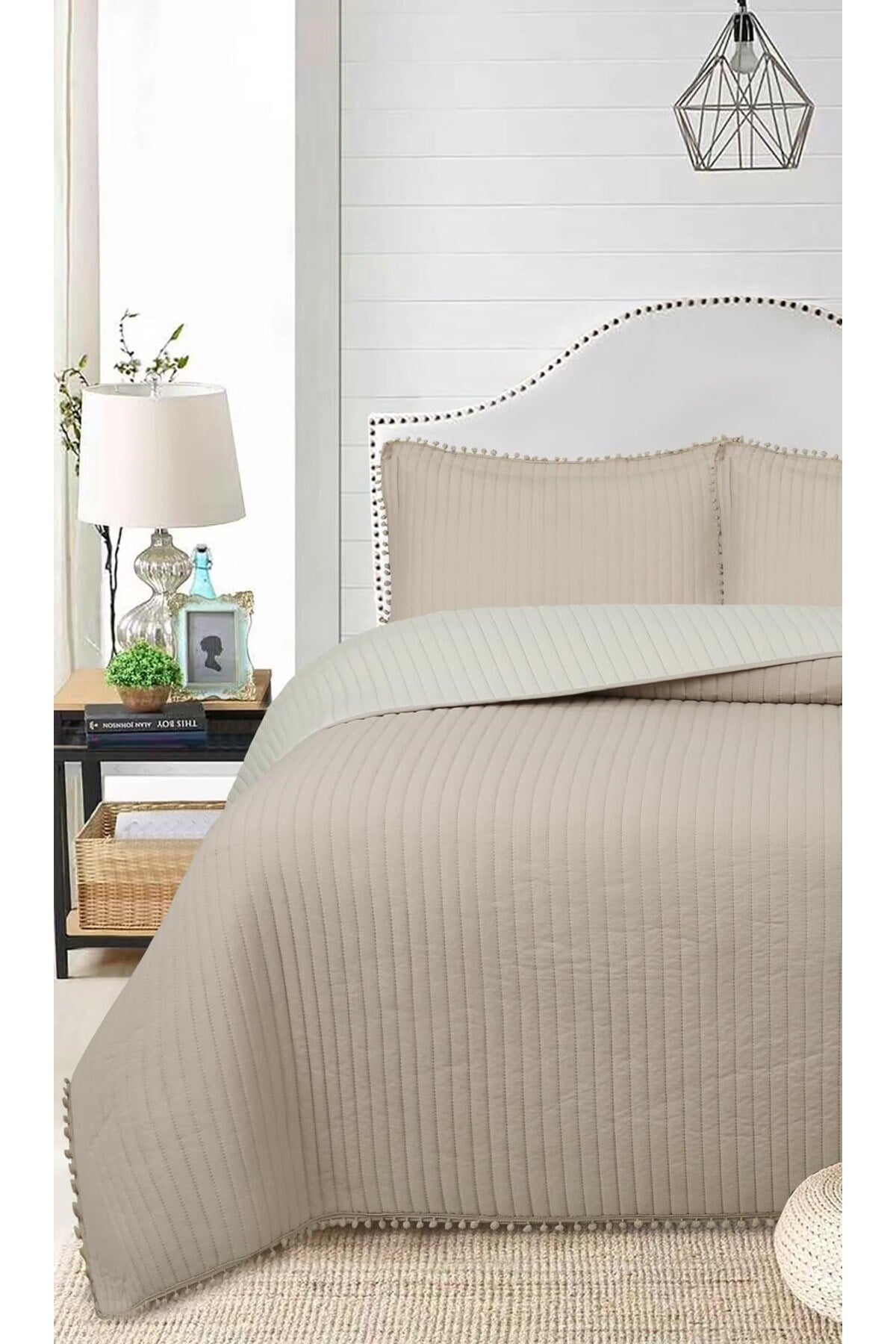 Ponponlu Çift Kişilik 3 Parça Yatak Örtüsü Seti -260x240 cm - Pvc Çantalı - Günlük ve Çeyizlik