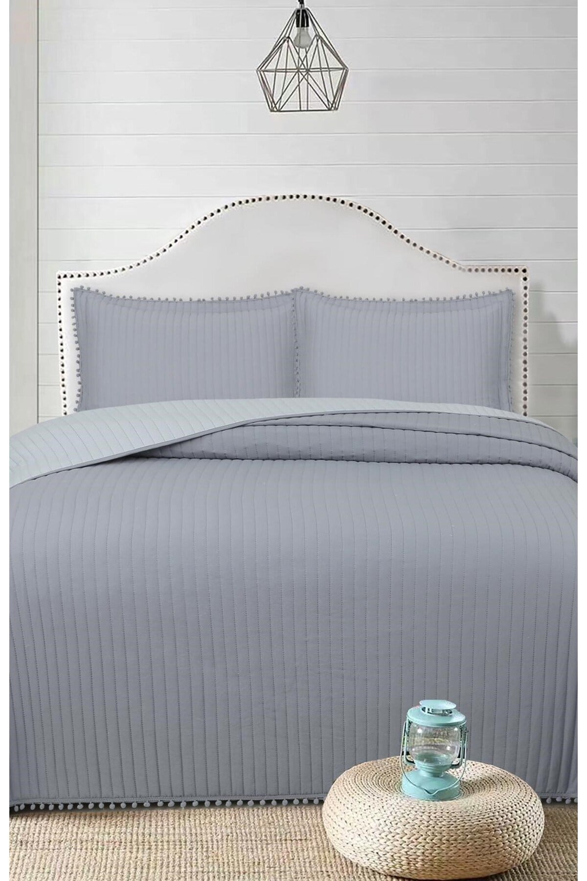 Ponponlu Çift Kişilik 3 Parça Yatak Örtüsü Seti -260x240 cm - Pvc Çantalı - Günlük ve Çeyizlik