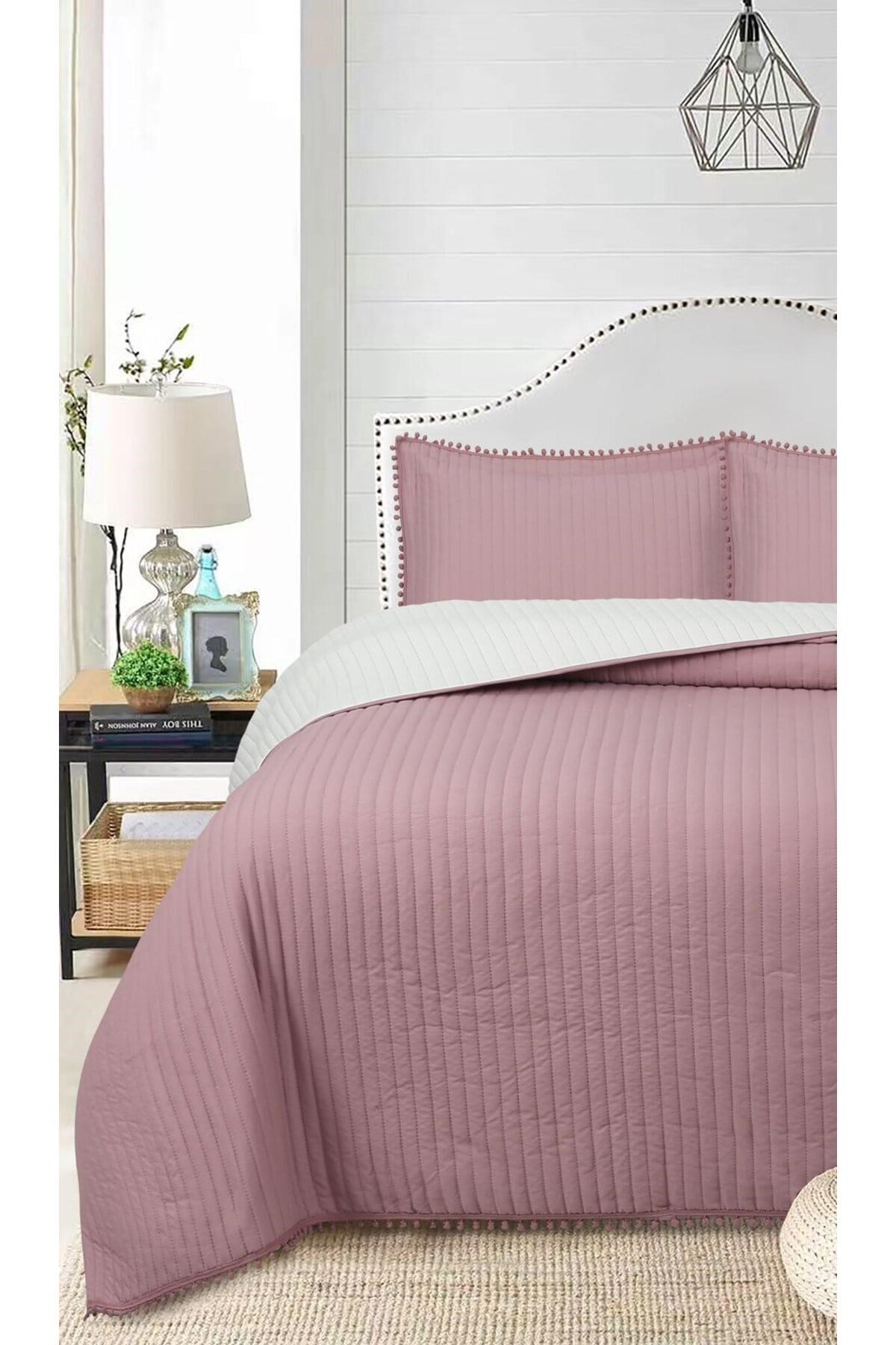 Ponponlu Çift Kişilik 3 Parça Yatak Örtüsü Seti -260x240 cm - Pvc Çantalı - Günlük ve Çeyizlik