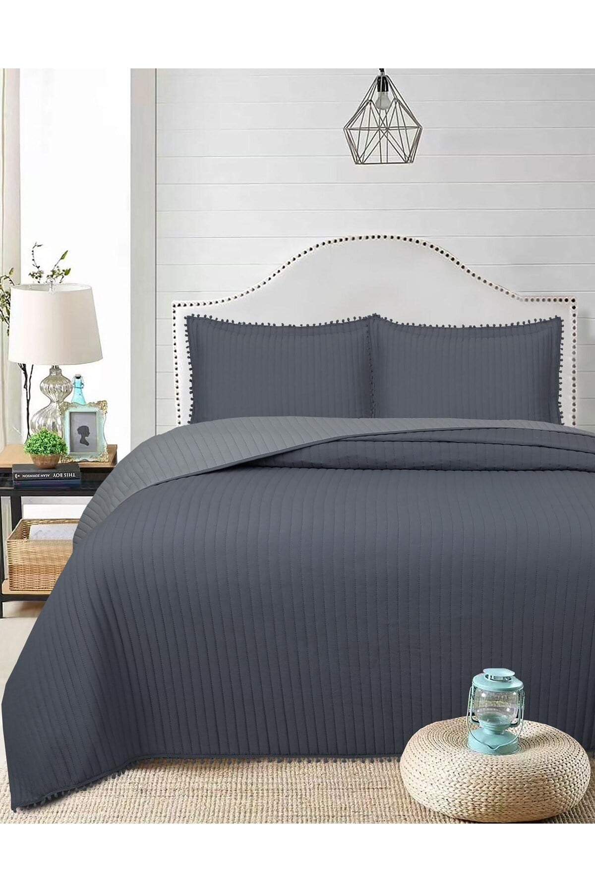 Ponponlu Çift Kişilik 3 Parça Yatak Örtüsü Seti -260x240 cm - Pvc Çantalı - Günlük ve Çeyizlik