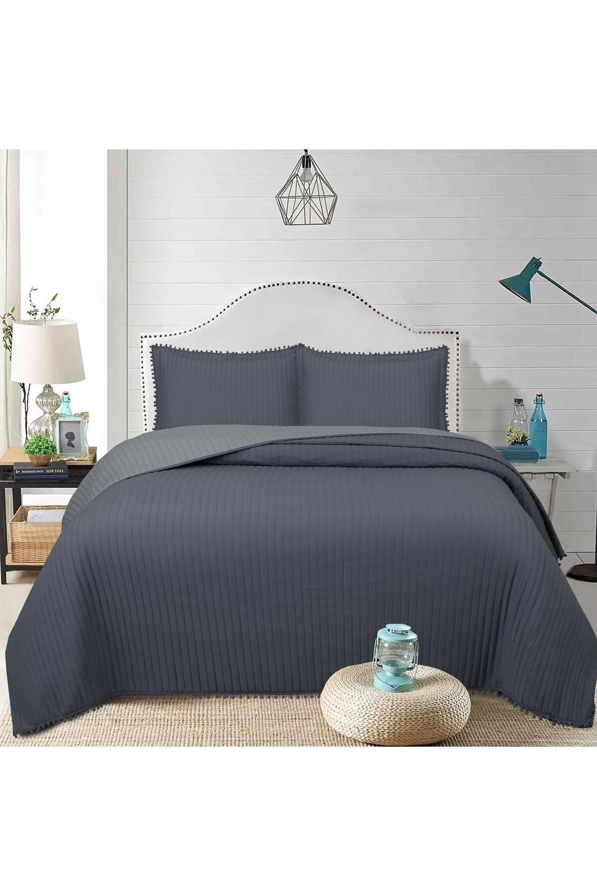 Ponponlu Çift Kişilik 3 Parça Yatak Örtüsü Seti -260x240 cm - Pvc Çantalı - Günlük ve Çeyizlik