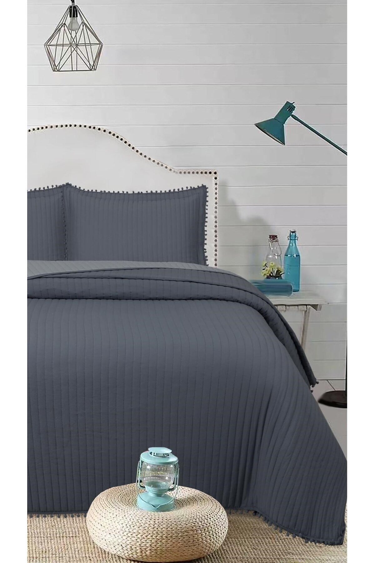 Ponponlu Çift Kişilik 3 Parça Yatak Örtüsü Seti -260x240 cm - Pvc Çantalı - Günlük ve Çeyizlik