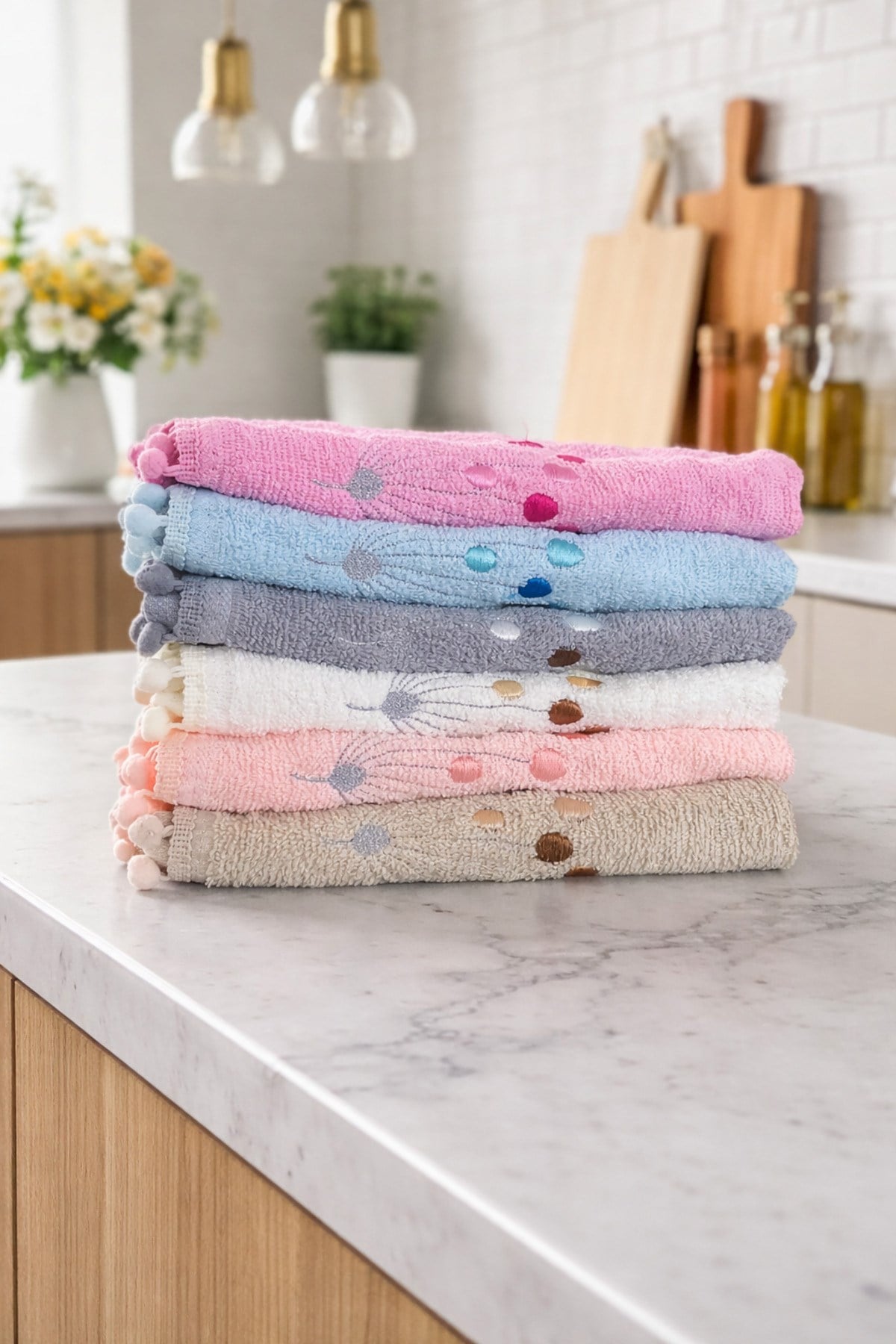 Ponponlu Mutfak Havlusu 6’lı Set | 30x50 cm | %100 Pamuk, Yüksek Emici, Dayanıklı ve Şık Tasarım