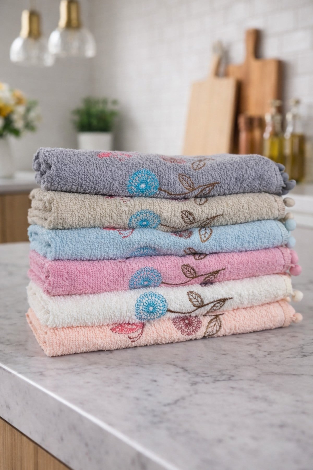 Ponponlu Mutfak Havlusu 6’lı Set | 30x50 cm | %100 Pamuk, Yüksek Emici, Dayanıklı ve Şık Tasarım