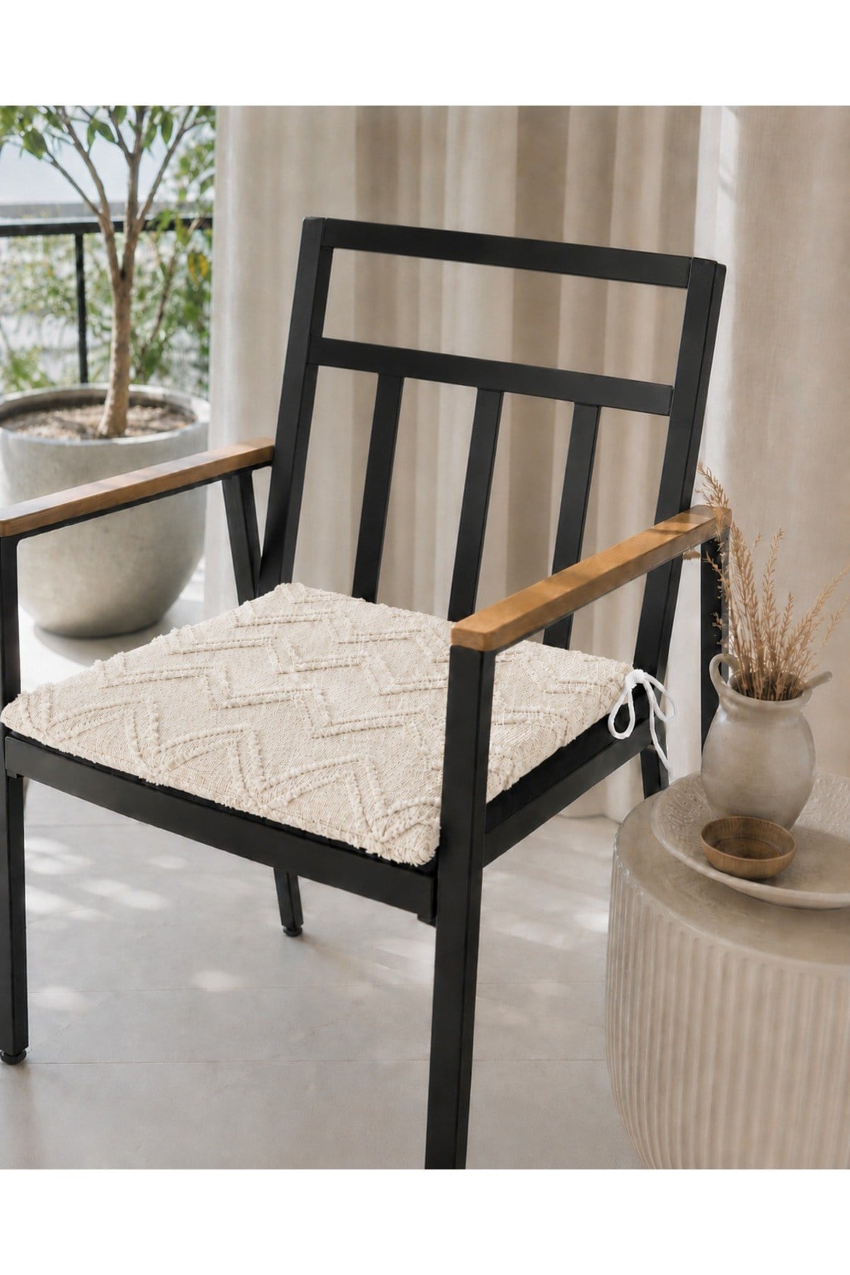 Sakallı Sandalye Minderi 4'lü Set | Bağcıklı | Fermuarlı ve Yıkanabilir | Mutfak, Balkon ve Bahçe Kullanımına Uygun
