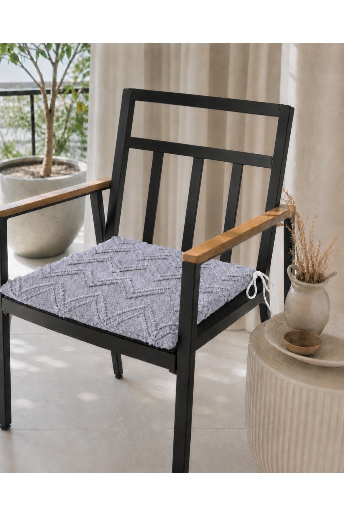 Sakallı Sandalye Minderi 4'lü Set | Bağcıklı | Fermuarlı ve Yıkanabilir | Mutfak, Balkon ve Bahçe Kullanımına Uygun