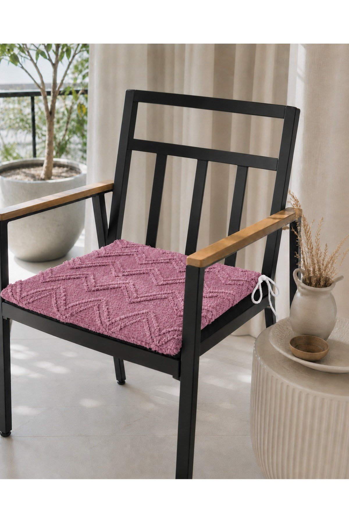 Sakallı Sandalye Minderi 4'lü Set | Bağcıklı | Fermuarlı ve Yıkanabilir | Mutfak, Balkon ve Bahçe Kullanımına Uygun