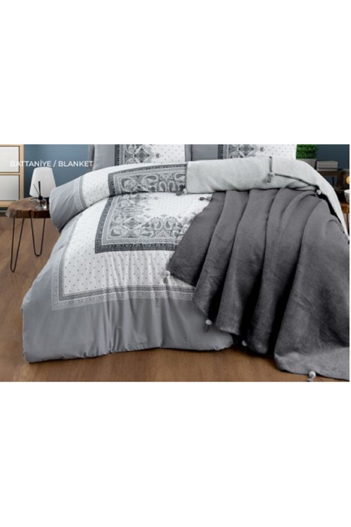 Sherpa Comforter Püsküllü Battaniyeli Çift Kişilik Nevresim Takımı Gri